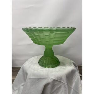 Vtg Green Pressed Glass Pedestal Compote Bowl 9" Wide Heavy Footed Centerpiece